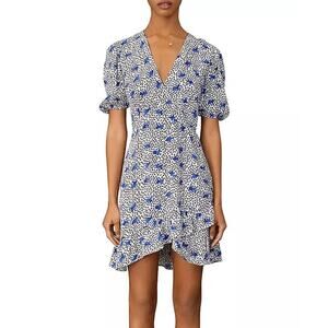 EUC Maje Ripensee Blue Floral Print Crepe Mini Dress Ruffle Hem Size 34 XS‎